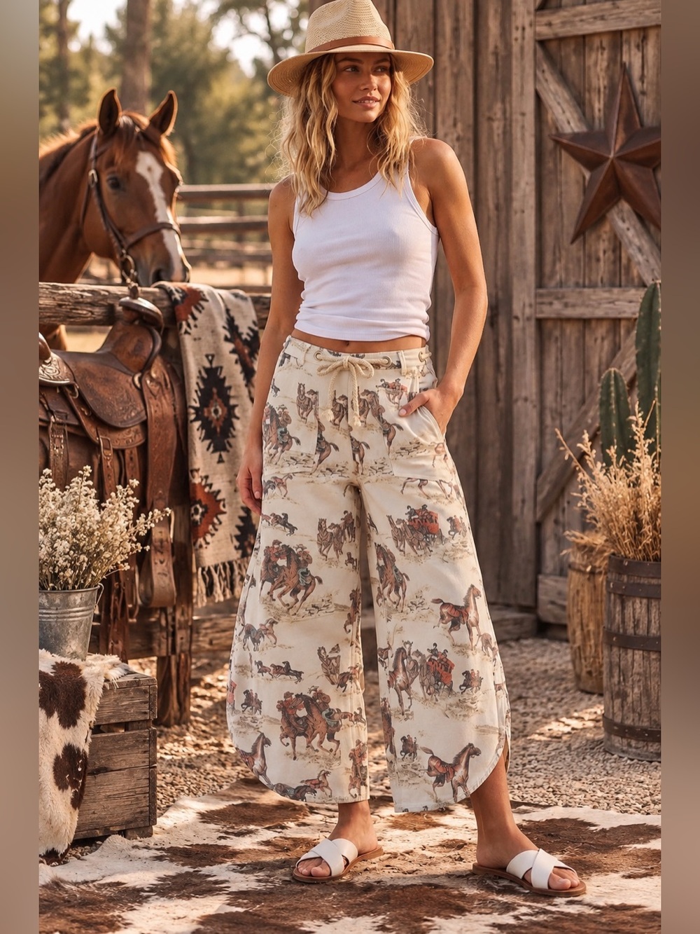 Multi horse embroidered vintage western boho equestrian boho barrel pants jeans